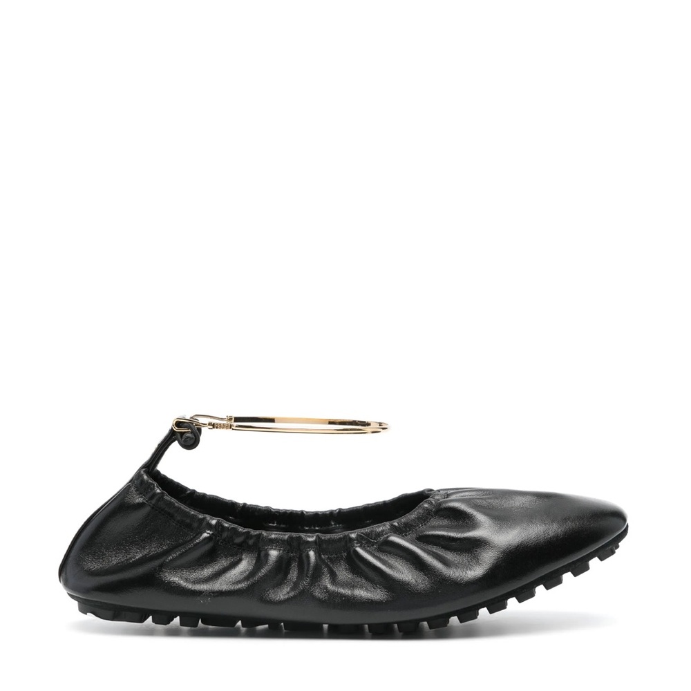 Fendi Black and Gold Flats with Ruched Leather and Ankle Strap